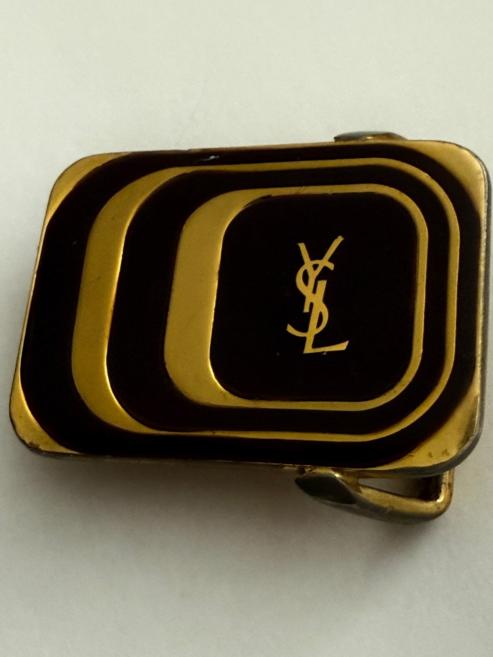 Vintage YVES SAINT LAURENT YSL Enamel Gold Tone & Brown Metal Belt Buckle RARE